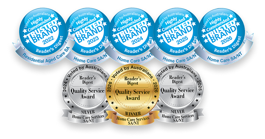 Reader's Digest Trusted Brand and Quality Service awards: Highly Commended 2022–2026, Quality Service Award Winner 2026 (Gold), Silver 2024 and 2025 — Home Care Services SA/NT.